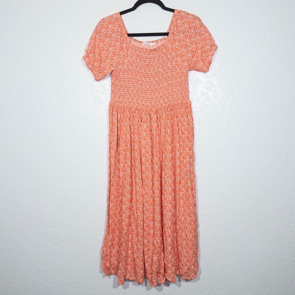 Monoprix Orange Floral‎ Smocked Top Midi Dress Size 14